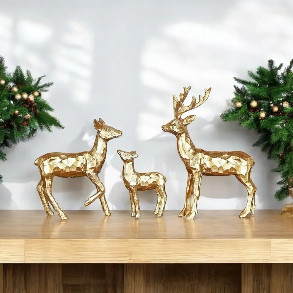 NEW West Elm Boho Geometric Gold Resin Holiday Christmas Reindeer Figures Set 3